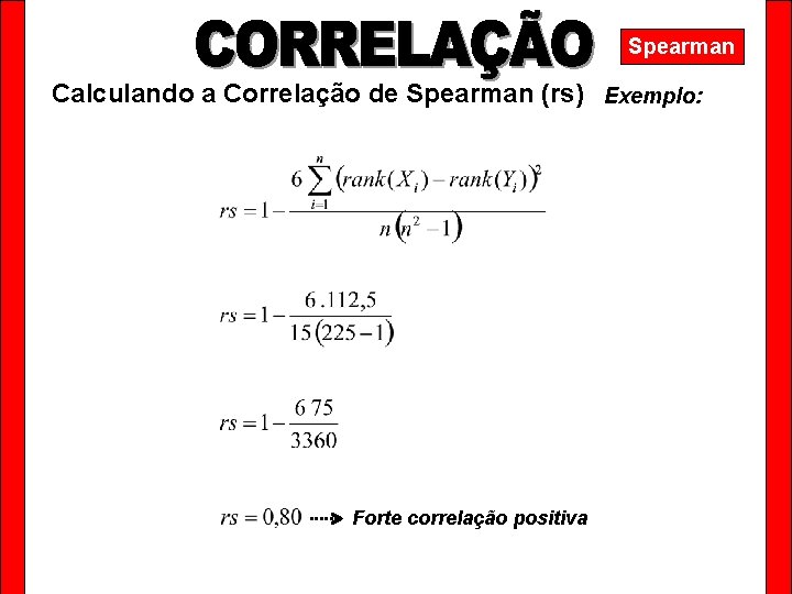 Spearman Calculando a Correlação de Spearman (rs) Exemplo: Forte correlação positiva 