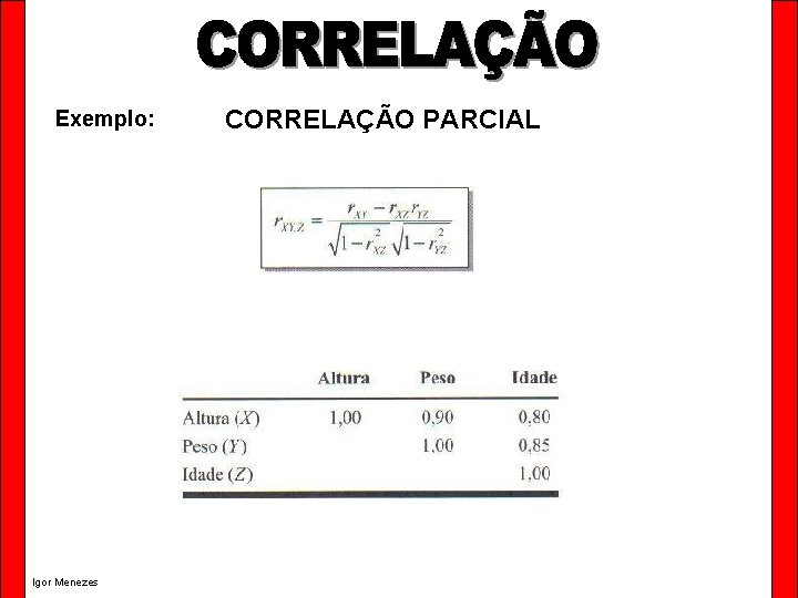 Exemplo: Igor Menezes CORRELAÇÃO PARCIAL 