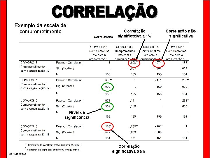 Exemplo da escala de comprometimento Correlação significativa a 1% Nível de significância Igor Menezes