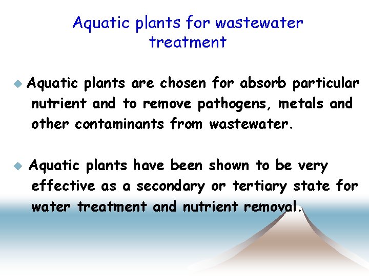Aquatic plants for wastewater treatment u u Aquatic plants are chosen for absorb particular