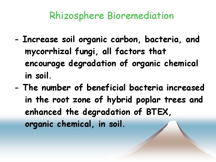 Rhizosphere Bioremediation - Increase soil organic carbon, bacteria, and mycorrhizal fungi, all factors that