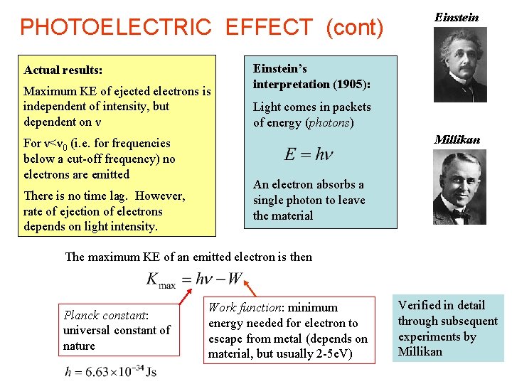 PHOTOELECTRIC EFFECT (cont) Actual results: Maximum KE of ejected electrons is independent of intensity,