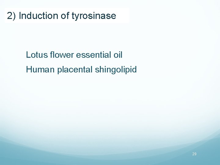 2) Induction of tyrosinase Lotus flower essential oil Human placental shingolipid 29 