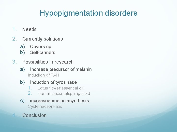 Hypopigmentation disorders 1. Needs 2. Currently solutions a) Covers up b) Self-tanners 3. Possibilities