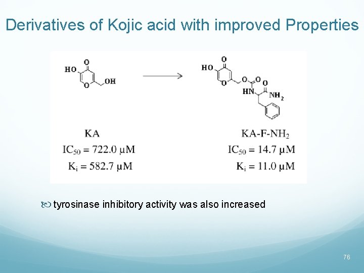 Derivatives of Kojic acid with improved Properties tyrosinase inhibitory activity was also increased 76