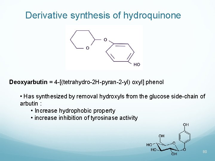 Derivative synthesis of hydroquinone Deoxyarbutin = 4 -[(tetrahydro-2 H-pyran-2 -yl) oxyl] phenol • Has
