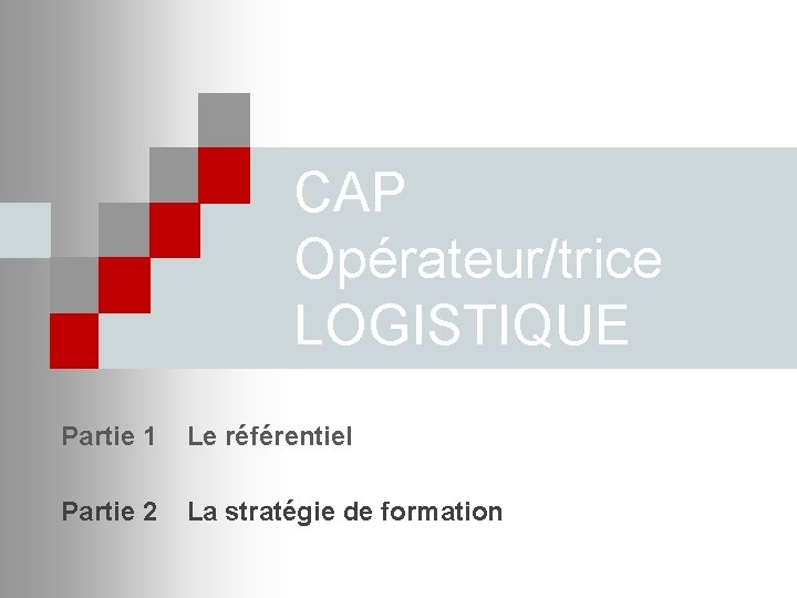 CAP Opérateur/trice LOGISTIQUE Partie 1 Le référentiel Partie 2 La stratégie de formation 