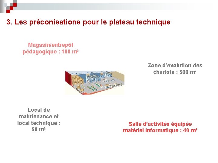 3. Les préconisations pour le plateau technique Magasin/entrepôt pédagogique : 100 m² Zone d’évolution