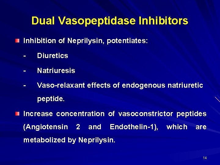 Dual Vasopeptidase Inhibitors Inhibition of Neprilysin, potentiates: - Diuretics - Natriuresis - Vaso-relaxant effects