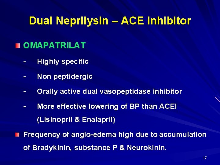 Dual Neprilysin – ACE inhibitor OMAPATRILAT - Highly specific - Non peptidergic - Orally