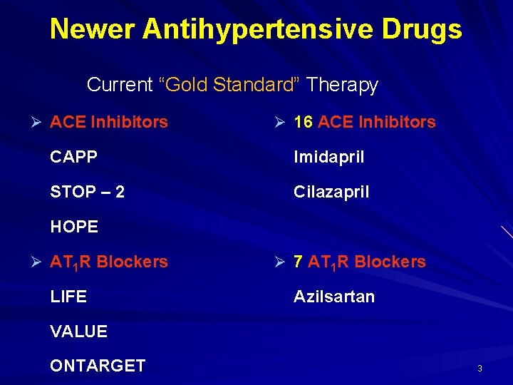 Newer Antihypertensive Drugs Current “Gold Standard” Therapy Ø ACE Inhibitors Ø 16 ACE Inhibitors