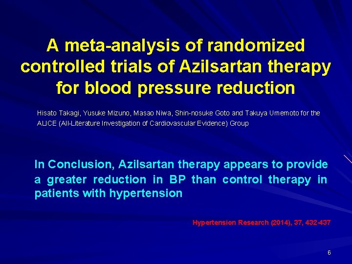 A meta-analysis of randomized controlled trials of Azilsartan therapy for blood pressure reduction Hisato