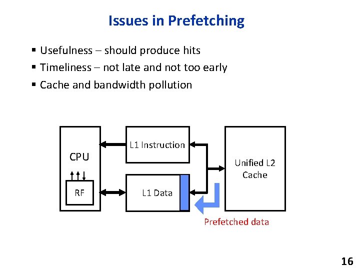 Issues in Prefetching § Usefulness – should produce hits § Timeliness – not late