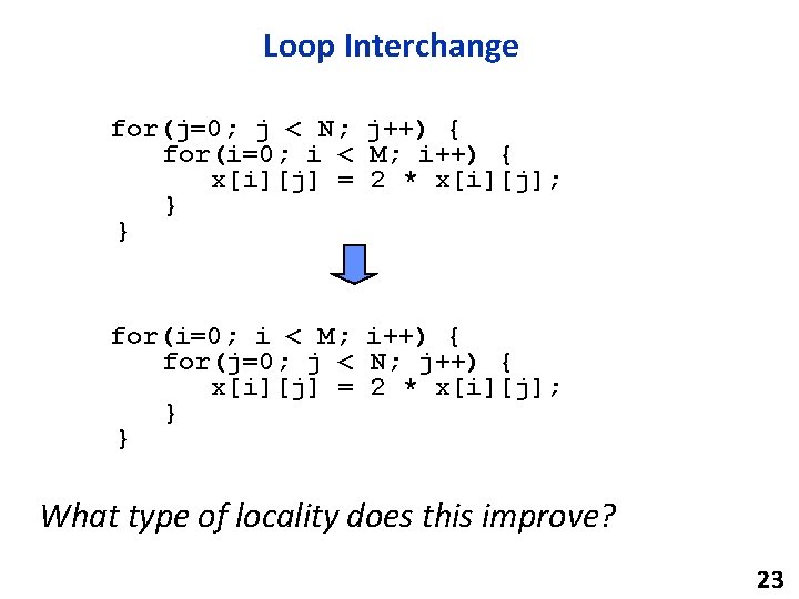 Loop Interchange for(j=0; j < N; j++) { for(i=0; i < M; i++) {