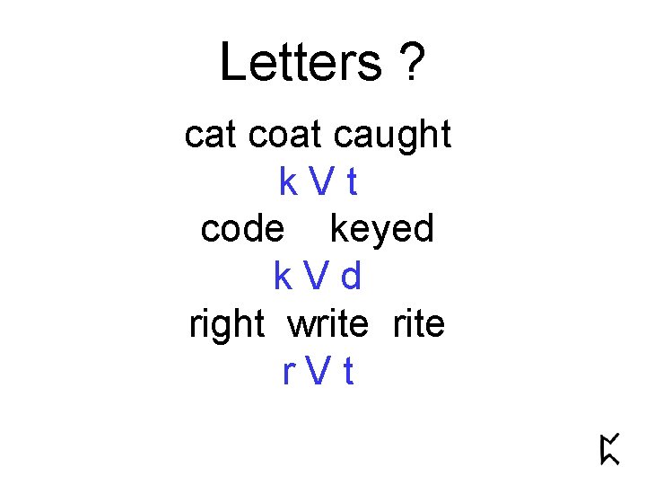 Letters ? cat coat caught k. Vt code keyed k. Vd right write r.