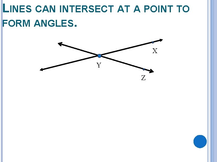 LINES CAN INTERSECT AT A POINT TO FORM ANGLES. X Y Z 