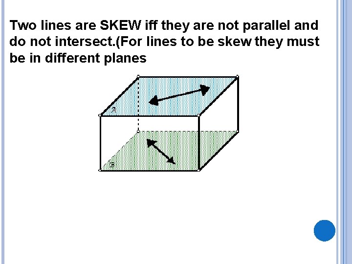Two lines are SKEW iff they are not parallel and do not intersect. (For