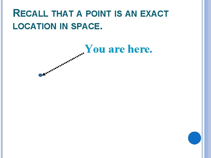 RECALL THAT A POINT IS AN EXACT LOCATION IN SPACE. You are here. 