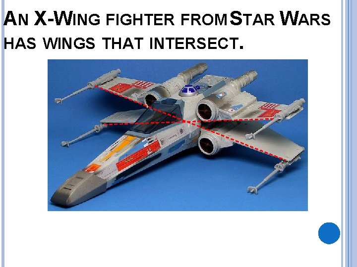 AN X-WING FIGHTER FROM STAR WARS HAS WINGS THAT INTERSECT. 