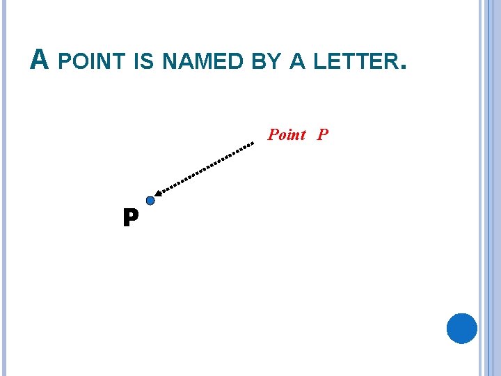 A POINT IS NAMED BY A LETTER. Point P P 