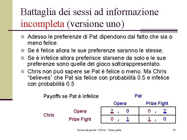 Battaglia dei sessi ad informazione incompleta (versione uno) n Adesso le preferenze di Pat Battaglia dei sessi ad informazione incompleta (versione uno) n Adesso le preferenze di Pat
