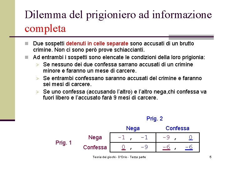 Dilemma del prigioniero ad informazione completa n Due sospetti detenuti in celle separate sono Dilemma del prigioniero ad informazione completa n Due sospetti detenuti in celle separate sono