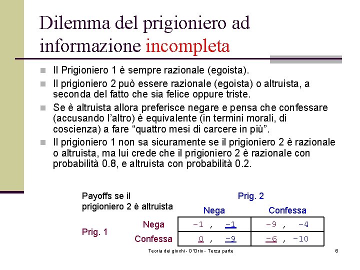 Dilemma del prigioniero ad informazione incompleta n Il Prigioniero 1 è sempre razionale (egoista). Dilemma del prigioniero ad informazione incompleta n Il Prigioniero 1 è sempre razionale (egoista).