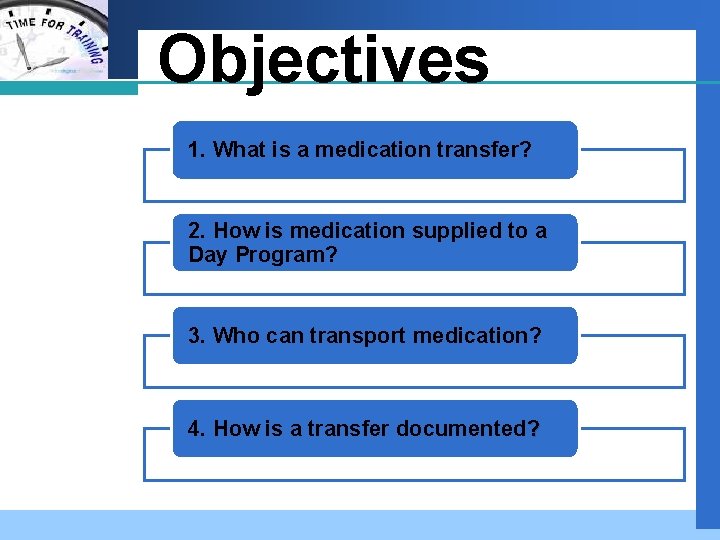 Company LOGO Objectives 1. What is a medication transfer? 2. How is medication supplied