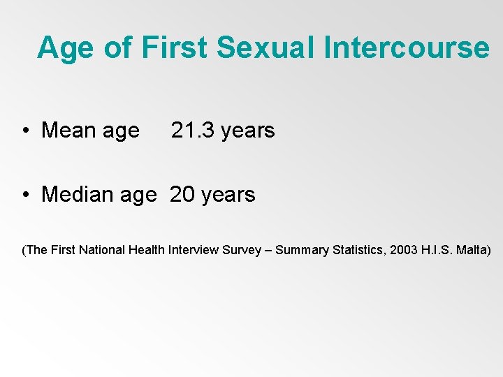 Age of First Sexual Intercourse • Mean age 21. 3 years • Median age