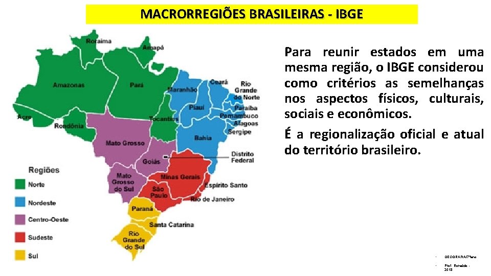 MACRORREGIÕES BRASILEIRAS - IBGE Para reunir estados em uma mesma região, o IBGE considerou
