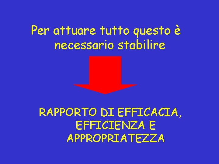 Per attuare tutto questo è necessario stabilire RAPPORTO DI EFFICACIA, EFFICIENZA E APPROPRIATEZZA 