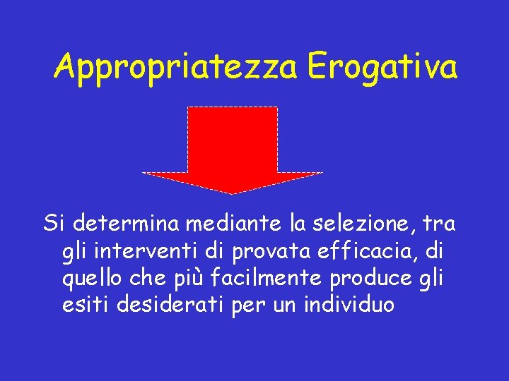 Appropriatezza Erogativa Si determina mediante la selezione, tra gli interventi di provata efficacia, di