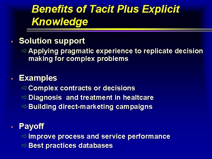 Benefits of Tacit Plus Explicit Knowledge § Solution support ðApplying pragmatic experience to replicate Benefits of Tacit Plus Explicit Knowledge § Solution support ðApplying pragmatic experience to replicate