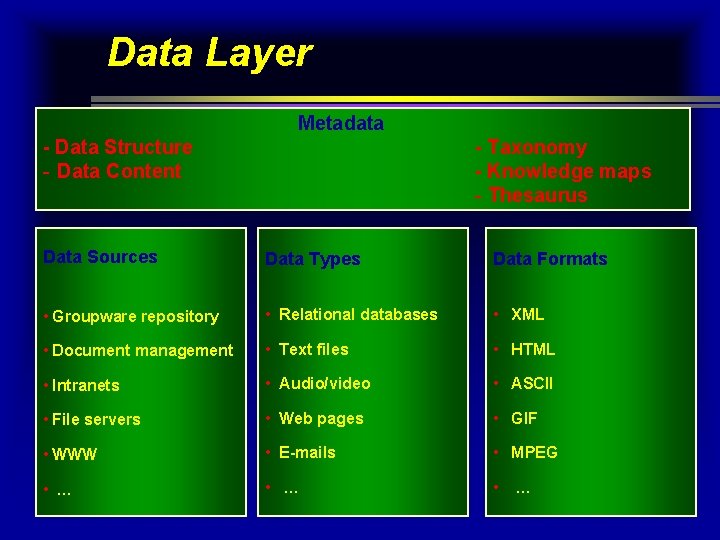 Data Layer Metadata - Data Structure - Data Content - Taxonomy - Knowledge maps Data Layer Metadata - Data Structure - Data Content - Taxonomy - Knowledge maps