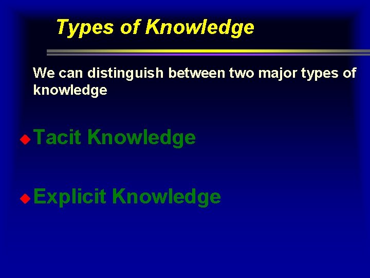 Types of Knowledge We can distinguish between two major types of knowledge u Tacit Types of Knowledge We can distinguish between two major types of knowledge u Tacit