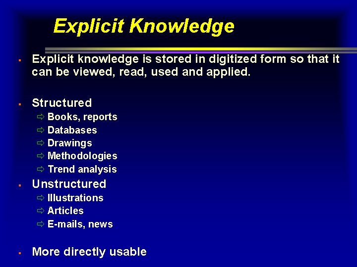 Explicit Knowledge § § Explicit knowledge is stored in digitized form so that it Explicit Knowledge § § Explicit knowledge is stored in digitized form so that it