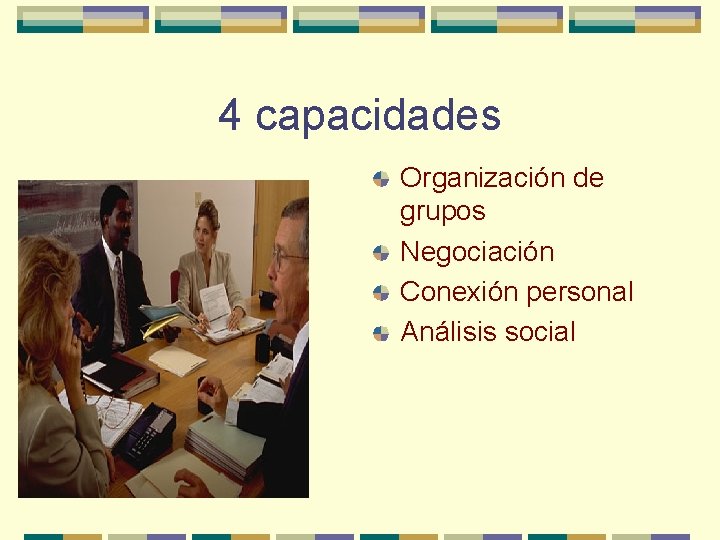 4 capacidades Organización de grupos Negociación Conexión personal Análisis social 