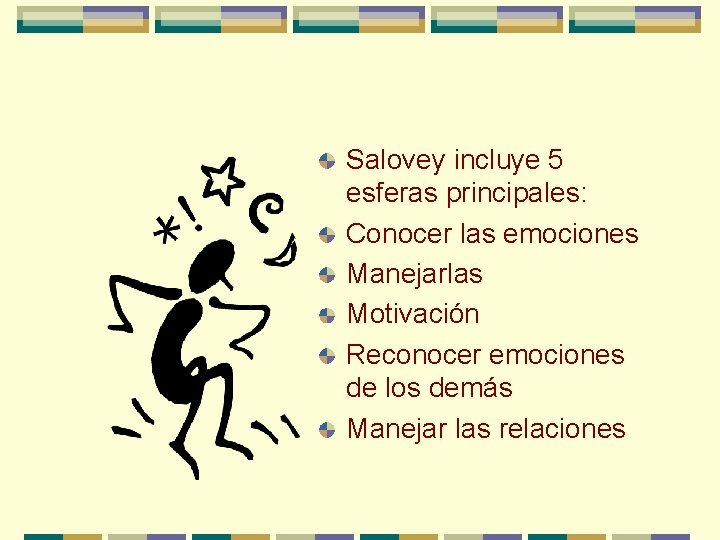 Salovey incluye 5 esferas principales: Conocer las emociones Manejarlas Motivación Reconocer emociones de los