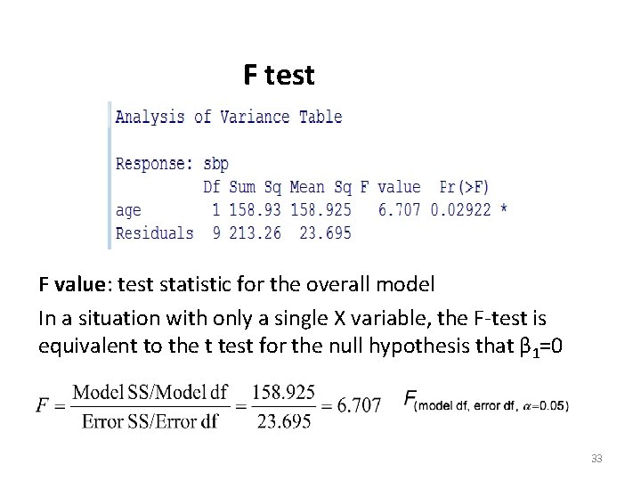 F test F value: test statistic for the overall model In a situation with