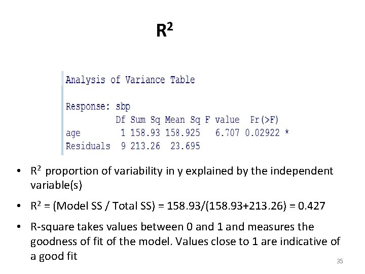 R 2 • R 2 proportion of variability in y explained by the independent