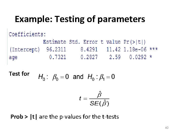 Example: Testing of parameters Test for Prob > |t| are the p-values for the