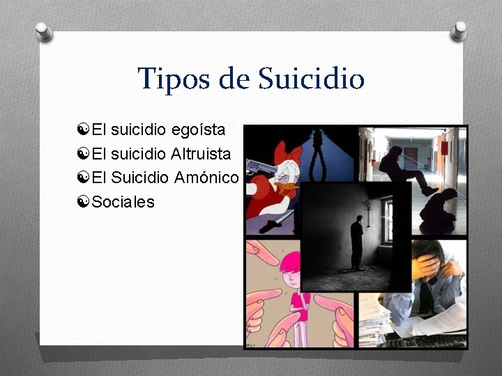 Tipos de Suicidio El suicidio egoísta El suicidio Altruista El Suicidio Amónico Sociales 