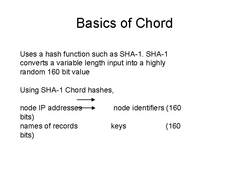 Basics of Chord Uses a hash function such as SHA-1 converts a variable length