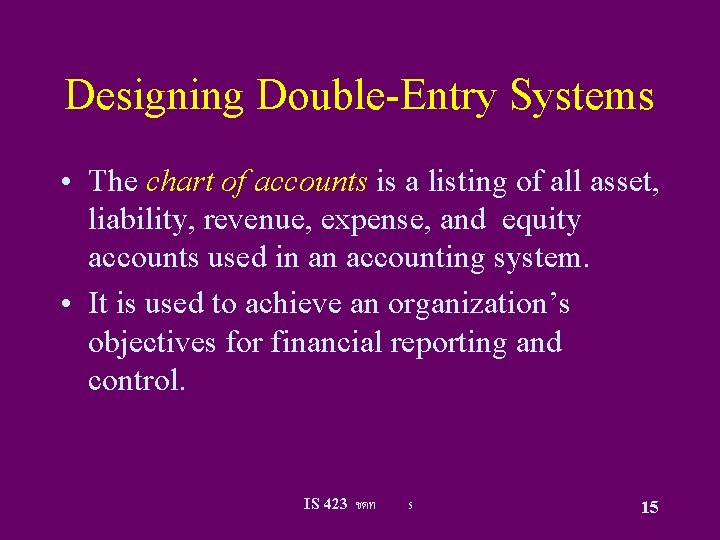 Designing Double-Entry Systems • The chart of accounts is a listing of all asset,