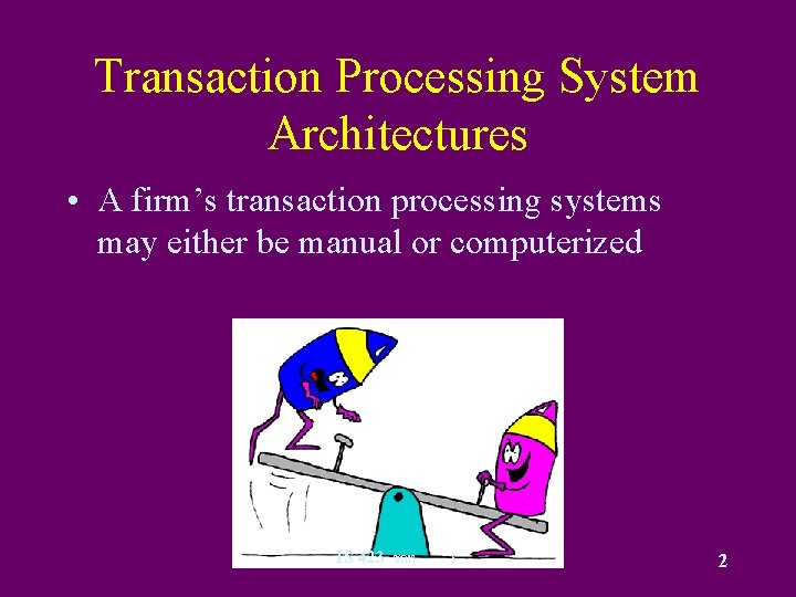 Transaction Processing System Architectures • A firm’s transaction processing systems may either be manual