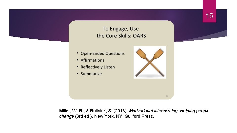 15 Miller, W. R. , & Rollnick, S. (2013). Motivational interviewing: Helping people change