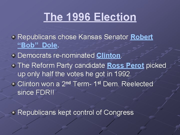 The 1996 Election Republicans chose Kansas Senator Robert “Bob” Dole. Democrats re-nominated Clinton. The