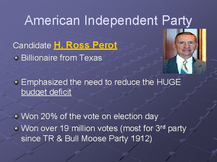 American Independent Party Candidate H. Ross Perot Billionaire from Texas Emphasized the need to