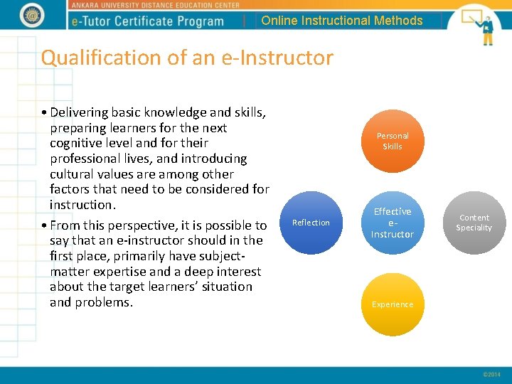 Online Instructional Methods Qualification of an e-Instructor • Delivering basic knowledge and skills, preparing