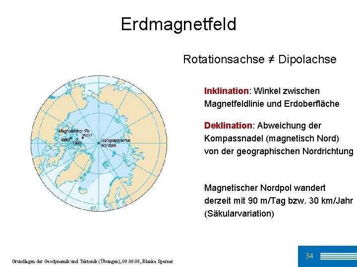 Erdmagnetfeld Rotationsachse ≠ Dipolachse Inklination: Winkel zwischen Magnetfeldlinie und Erdoberfläche Deklination: Abweichung der Kompassnadel